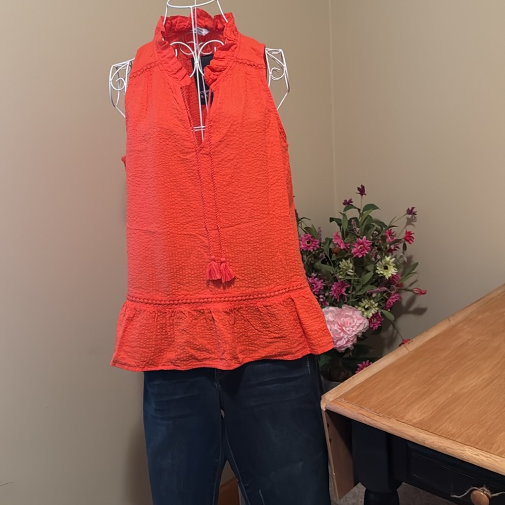 Crown & Ivy Orange Ruffled Peplum Blouse with Mandarin Collar
